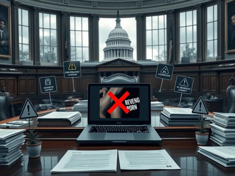 Flick International Congressional oval office with a laptop displaying non-consensual content warning