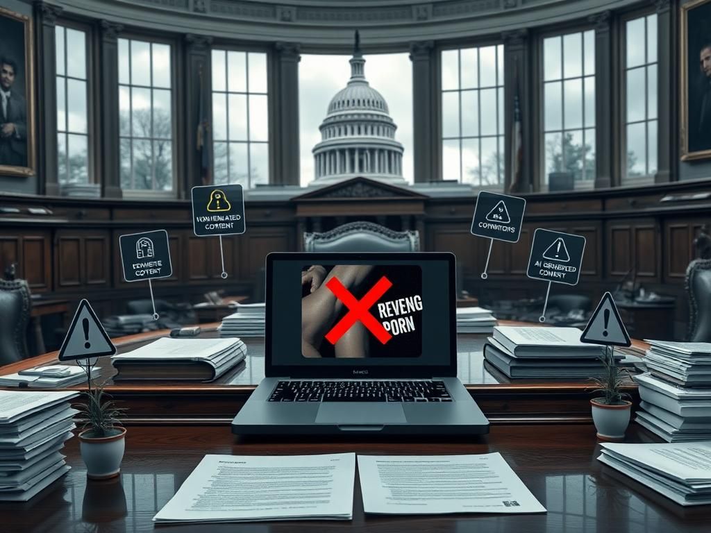 Flick International Congressional oval office with a laptop displaying non-consensual content warning