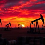 Flick International sunset over an oil field with silhouetted derricks and barrels