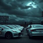 Flick International Dystopian scene featuring vandalized Tesla cars under a gloomy sky