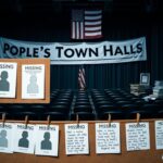 Flick International Dimly lit town hall setting with a banner reading 'People's Town Halls' and missing posters