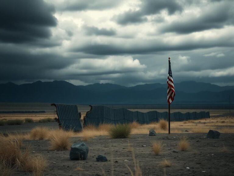 Flick International Vast, empty landscape depicting a crumbling border wall under a brooding sky