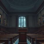 Flick International A somber Senate chamber scene with desolate wooden desks and a lone lectern