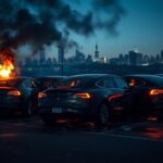 Flick International Urban scene with Tesla vehicles on fire in a dimly lit parking lot