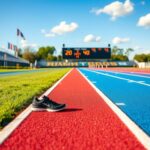 Flick International Empty track with freshly painted lanes at a high school track meet