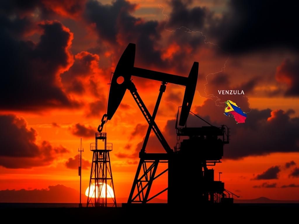 Flick International Silhouetted oil rig against a vibrant sunset representing U.S.-Venezuela political tensions