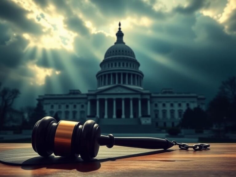 Flick International Dramatic view of the U.S. Capitol building shrouded in dark clouds with an abandoned gavel in the foreground