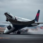 Flick International Damaged Delta Air Lines plane upside down with collapsed landing gear