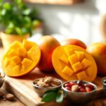 Flick International Fresh, ripe mangoes arranged on a wooden cutting board