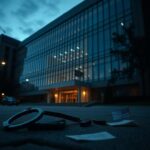 Flick International Exterior of a large, modern university building at twilight with hints of urgency.