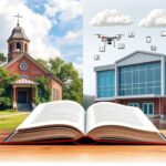 Flick International Split landscape depicting the evolution of education in the United States, showcasing a historic schoolhouse on the left and a modern school building on the right.