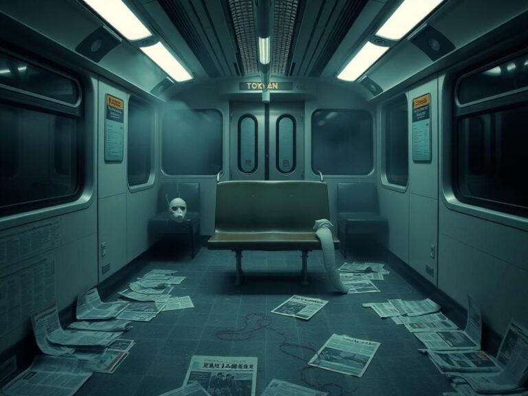 Flick International Empty Tokyo subway train car shrouded in mist, symbolizing the aftermath of the sarin gas attack