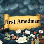 Flick International Digital collage representing free speech with 'First Amendment' scroll amidst symbols of politics and social media