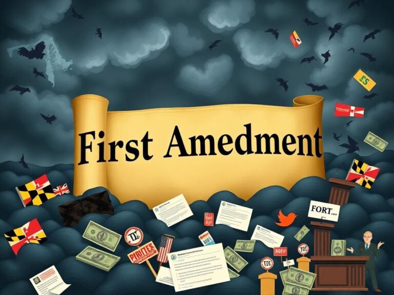 Flick International Digital collage representing free speech with 'First Amendment' scroll amidst symbols of politics and social media