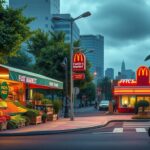 Flick International Vibrant street scene contrasting healthy food options with fast food outlets in a southern city