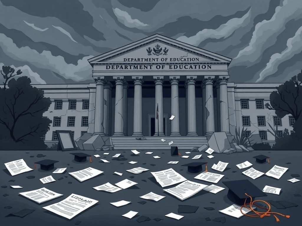 Flick International Illustration of a crumbling Department of Education building with cracked pillars and scattered papers