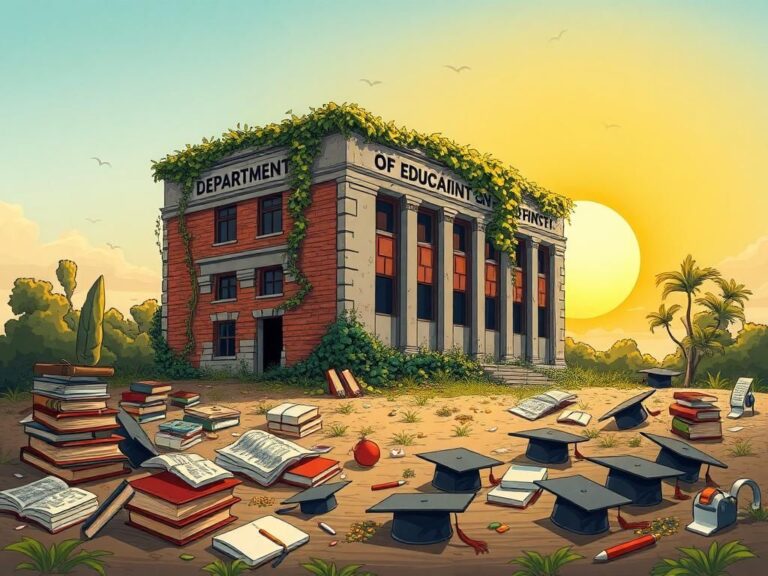 Flick International Conceptual illustration of a weathered Department of Education building with vines symbolizing neglect