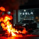 Flick International Vandalized Tesla showroom with shattered glass and graffiti