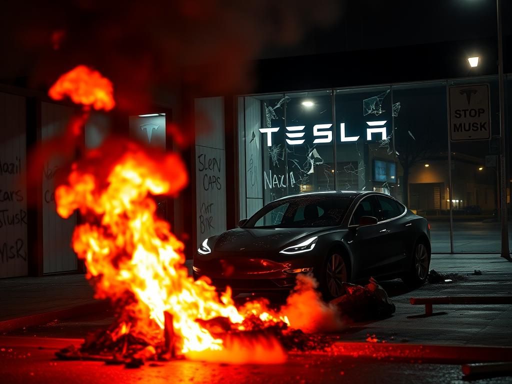 Flick International Vandalized Tesla showroom with shattered glass and graffiti