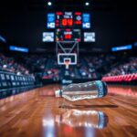 Flick International Water bottle rolling across basketball court during March Madness game