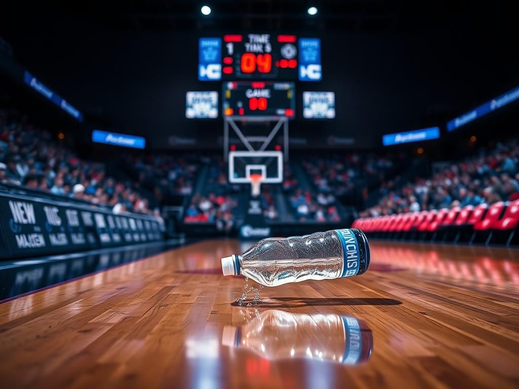 Flick International Water bottle rolling across basketball court during March Madness game