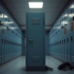 Flick International Interior view of a high school locker room featuring muted colors and motivational posters