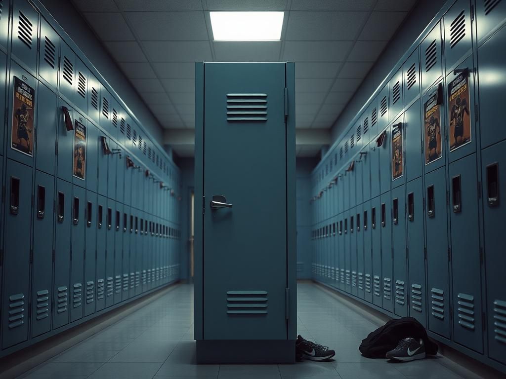 Flick International Interior view of a high school locker room featuring muted colors and motivational posters