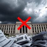 Flick International Low angle view of the Pentagon with scattered papers symbolizing wasteful spending