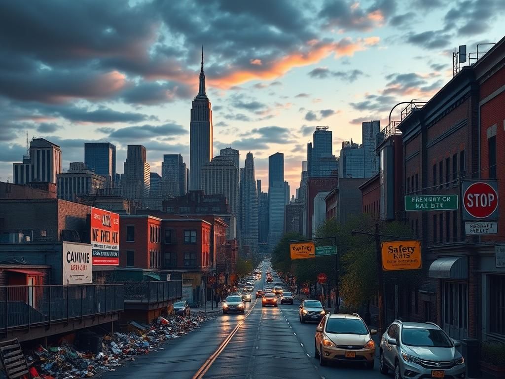 Flick International Vibrant skyline of New York City at dusk with landmarks and a contrast of urban challenges