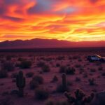 Flick International Rugged desert landscape in Arizona at sunset with silhouette of a border wall