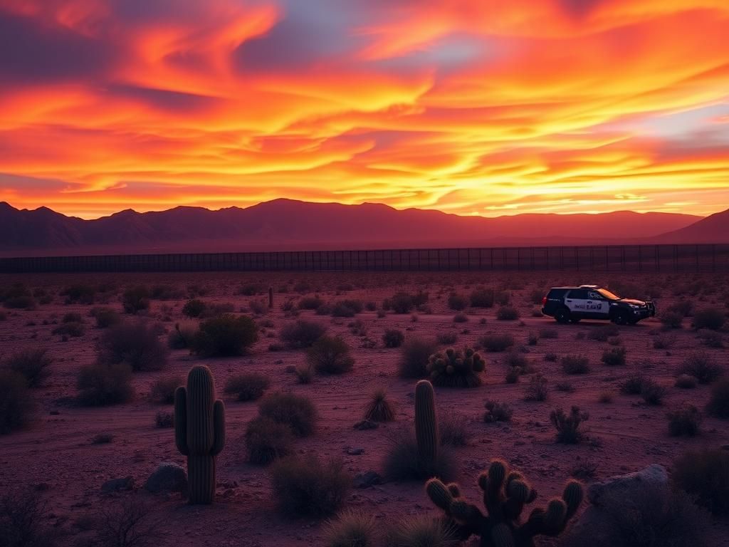 Flick International Rugged desert landscape in Arizona at sunset with silhouette of a border wall