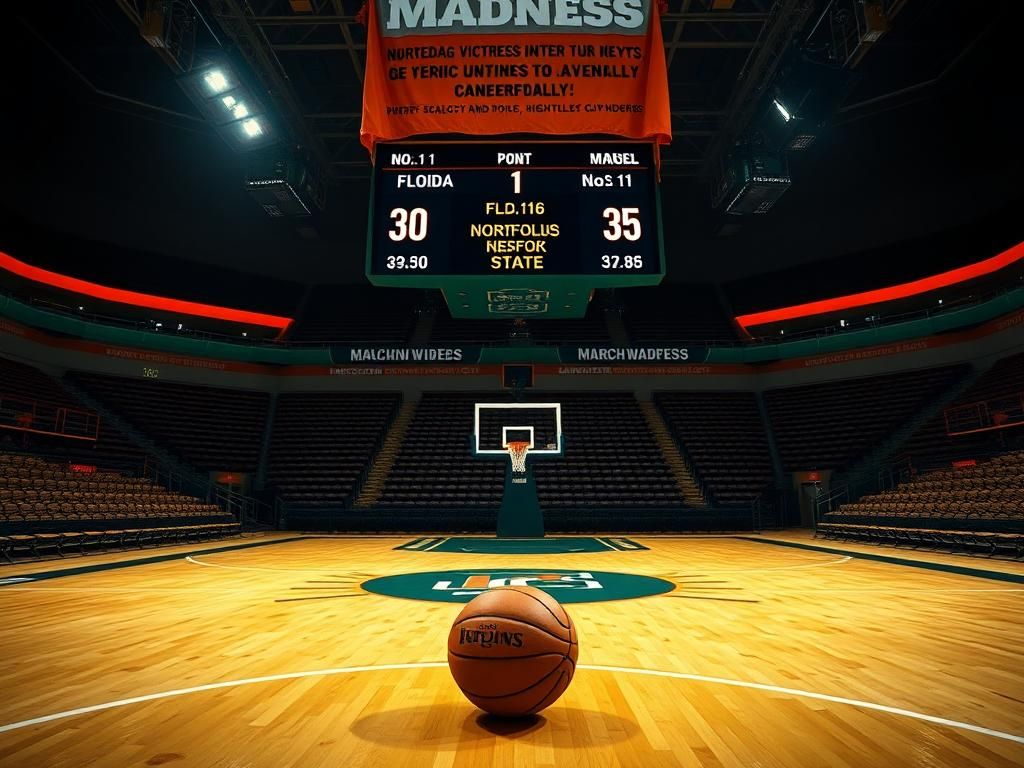 Flick International An empty basketball court showcasing the scoreboard highlighting Norfolk State's underdog status against Florida