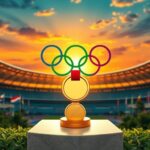 Flick International A gleaming gold medal resting on a marble pedestal with the Olympic rings in the background