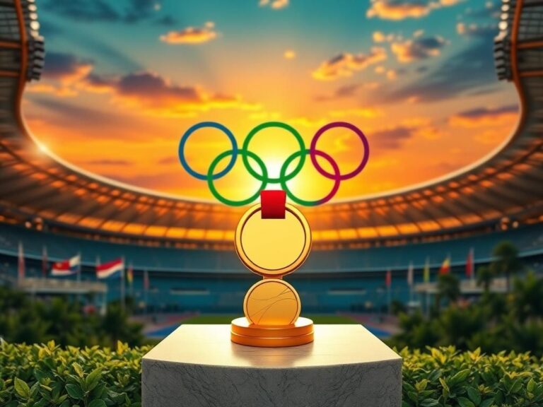 Flick International A gleaming gold medal resting on a marble pedestal with the Olympic rings in the background