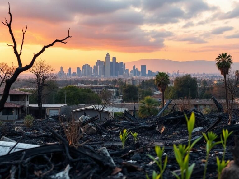 Flick International Urban landscape of Los Angeles displaying aftermath of a destructive fire