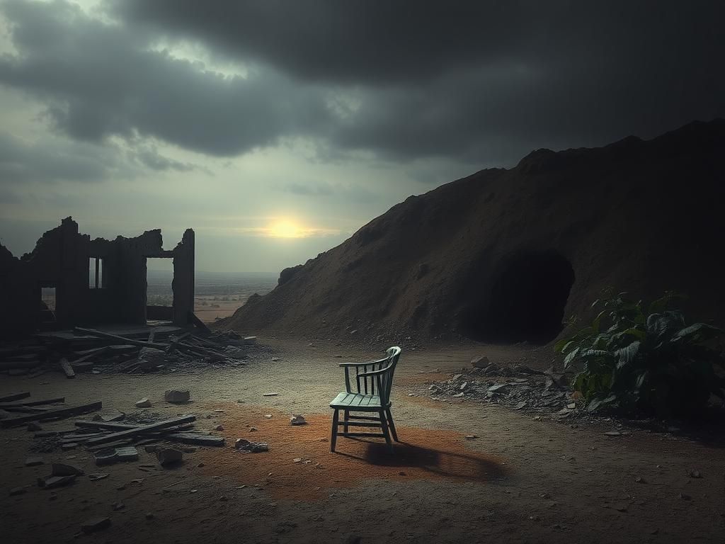 Flick International Desolate landscape with ruins symbolizing loss and despair