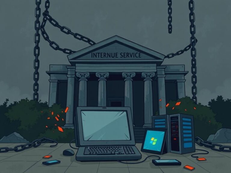 Flick International Illustration of the IRS building surrounded by chains and modern technology