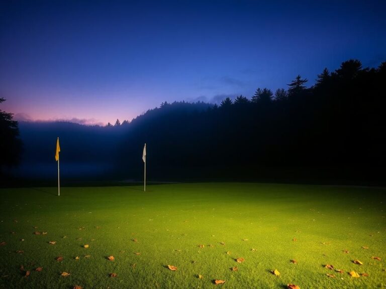 Flick International Twilight view of Hoodkroft Country Club golf course with lush grass and ominous trees