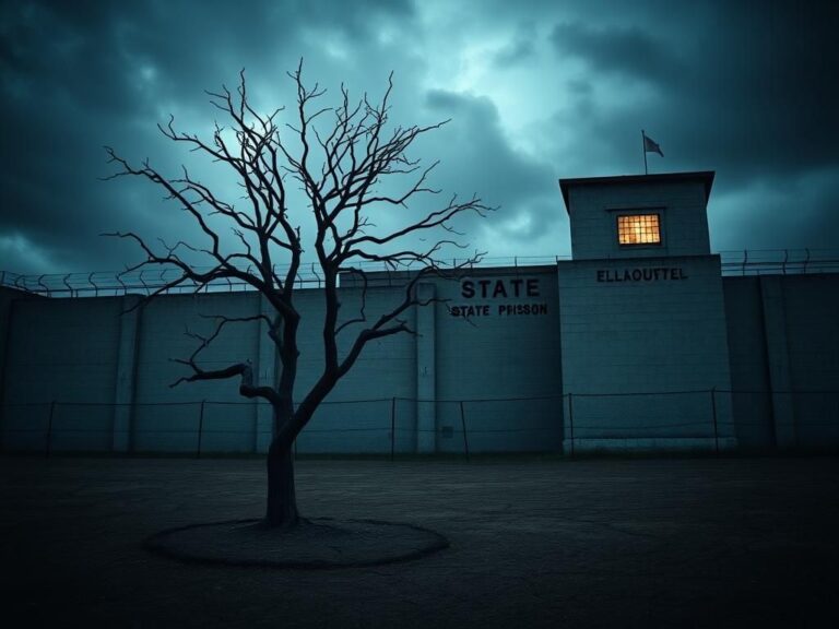 Flick International Dark view of Florida State Prison building with barbed wire and a barren tree