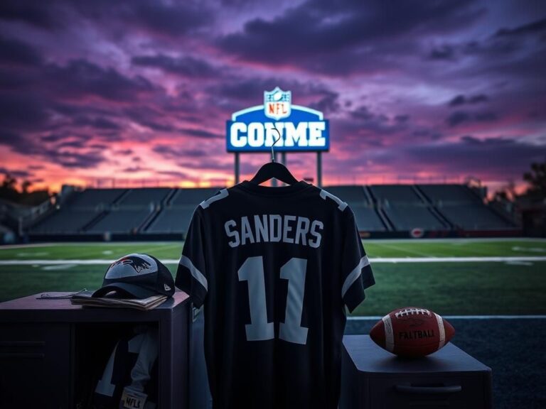 Flick International Dramatic football field scene under twilight sky with Sanders' jersey in focus