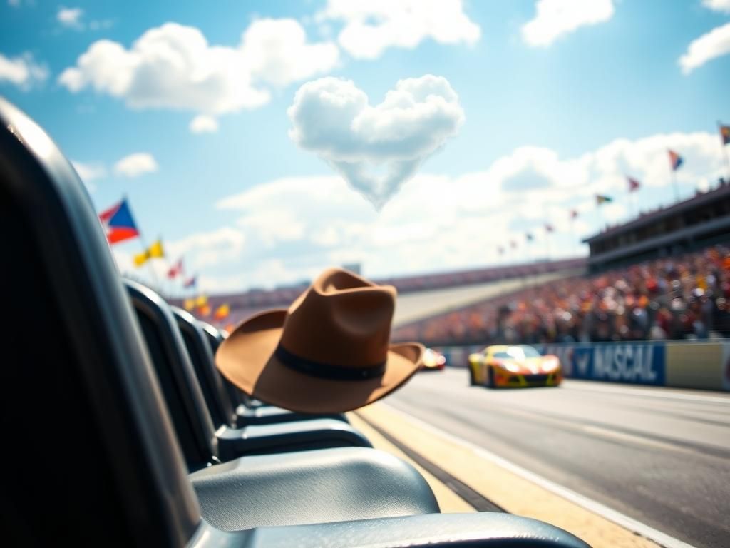 Flick International Vibrant NASCAR racetrack scene with colorful race cars and a cowboy hat on an empty seat