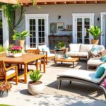 Flick International Vibrant outdoor patio styled with modern furniture and blooming flowers