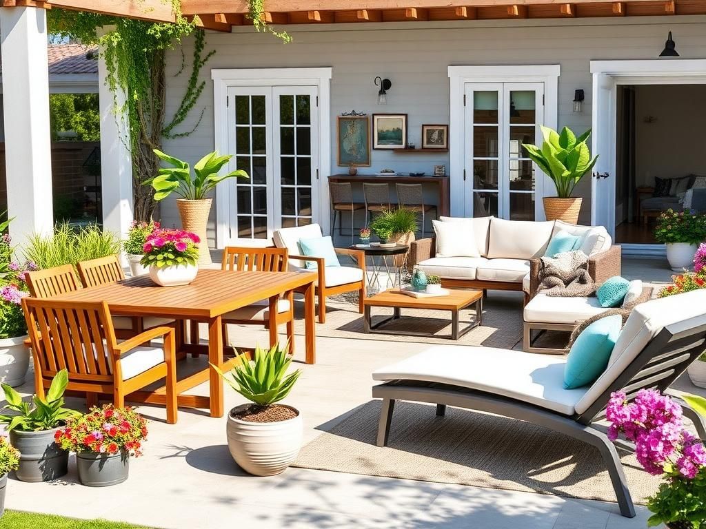 Flick International Vibrant outdoor patio styled with modern furniture and blooming flowers