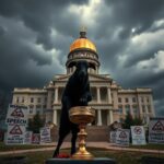 Flick International Stormy sky over Kansas State Capitol with shadowy figure symbolizing conflict of beliefs