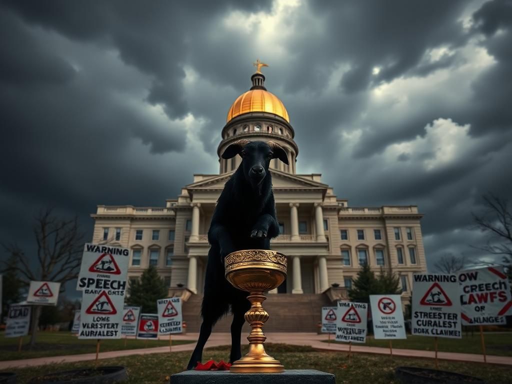 Flick International Stormy sky over Kansas State Capitol with shadowy figure symbolizing conflict of beliefs