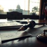 Flick International Close-up of a mechanical autopen device on a polished wooden desk with official documents and presidential seals