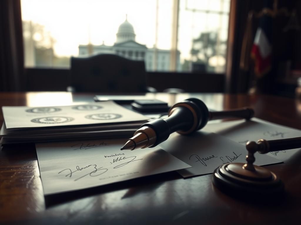 Flick International Close-up of a mechanical autopen device on a polished wooden desk with official documents and presidential seals