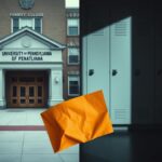 Flick International A split scene contrasting a somber university building with a donation request flyer and a dimly lit locker room symbolizing privacy