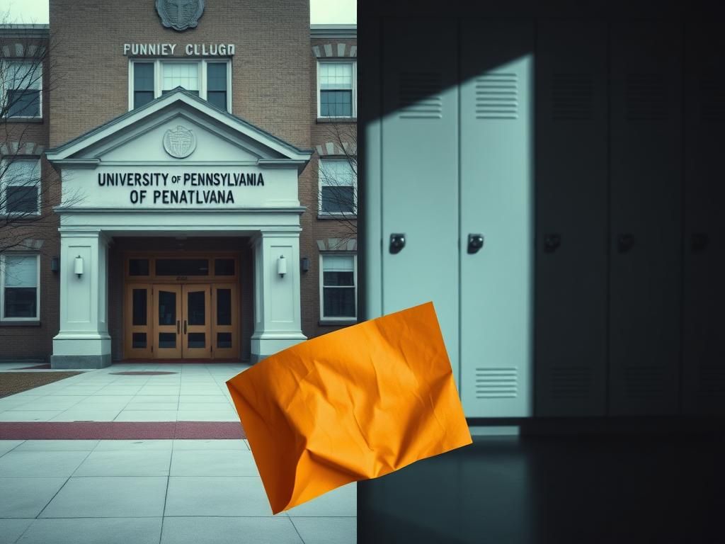 Flick International A split scene contrasting a somber university building with a donation request flyer and a dimly lit locker room symbolizing privacy