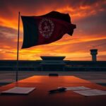 Flick International A large Afghan flag waving in the breeze at Kabul International Airport during sunset.